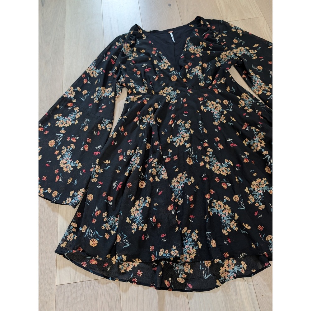 Free People Black Floral Long Sleeve Mini Dress Medium | Boho Romantic | Flowy - Picture 7 of 12